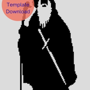 以下が含まれることがあります： 長いひげを生やした魔法使いのシルエット。とがった帽子とローブを着て、杖と剣を持っている。黒と白のシルエットです。