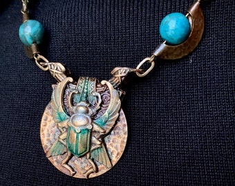 Craftsman Egyptian scarab amulet necklace Brass and blue green African Turquoise vintage and Egyptian Revival pendant.