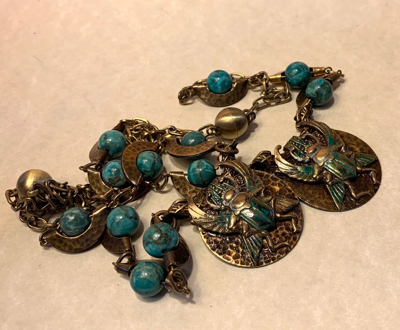 Craftsman Egyptian scarab amulet necklace Brass and blue green African Turquoise vintage and Egyptian Revival pendant.