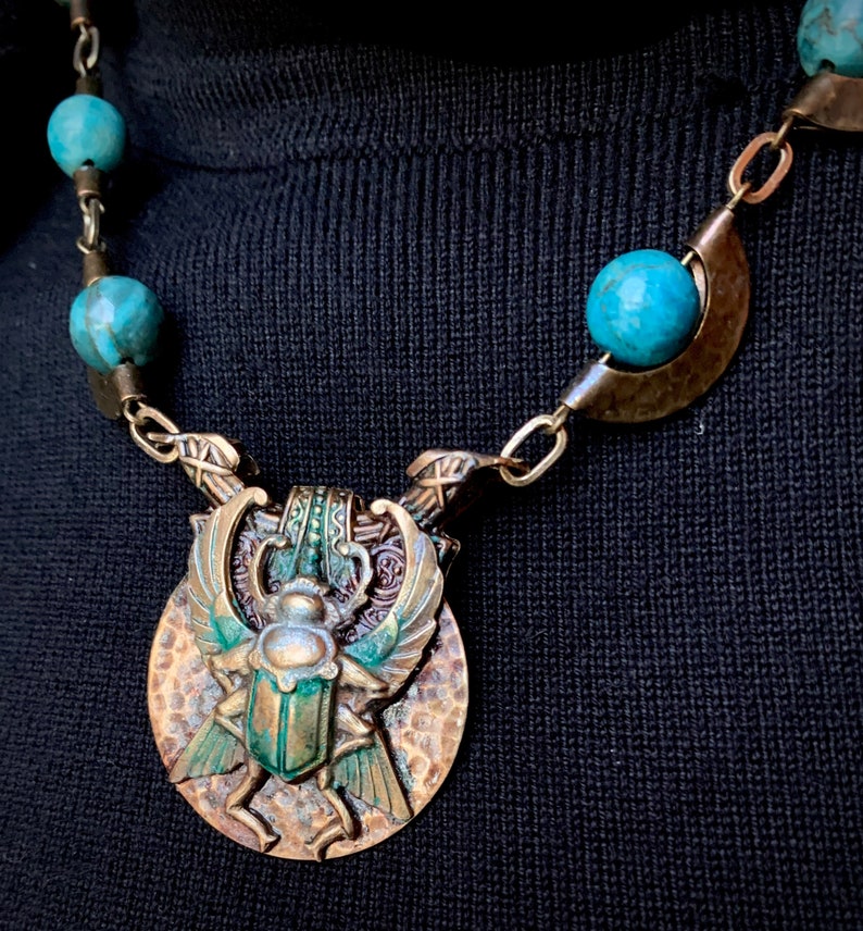 Craftsman Egyptian scarab amulet necklace Brass and blue green African Turquoise vintage and Egyptian Revival pendant.