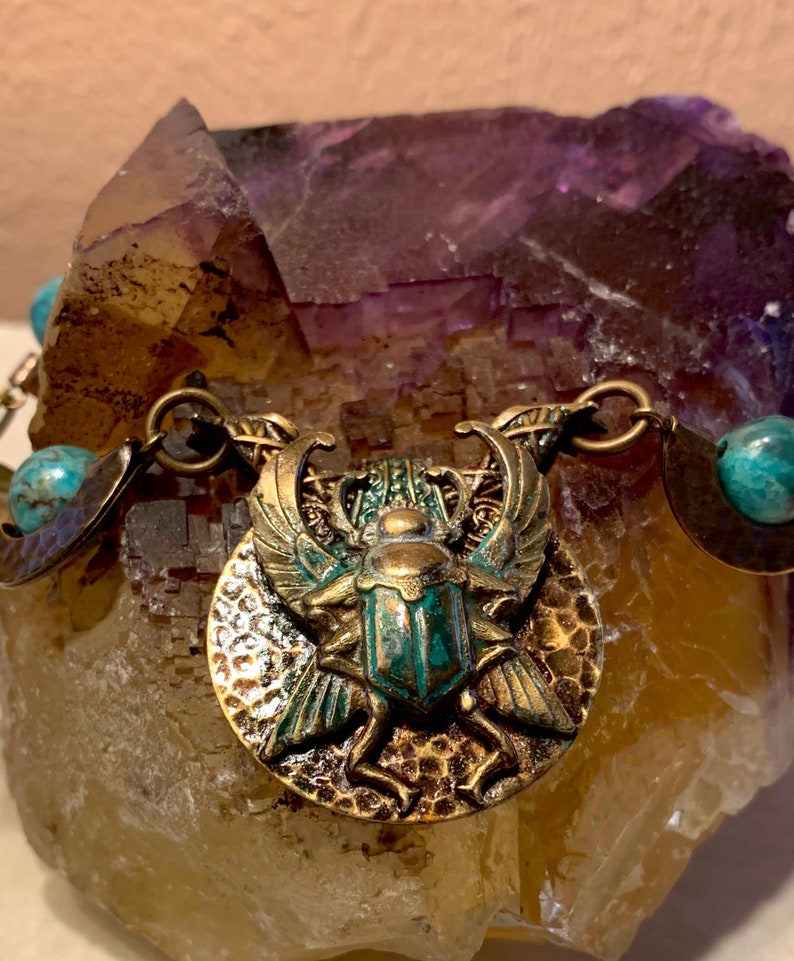 Craftsman Egyptian scarab amulet necklace Brass and blue green African Turquoise vintage and Egyptian Revival pendant.