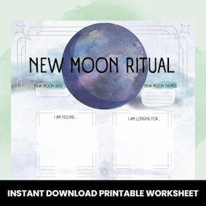 Könnte beinhalten: Druckbare Arbeitsblatt mit einer Aquarell-Illustration eines zunehmenden Mondes. Das Arbeitsblatt trägt den Titel "Neumond-Ritual" und enthält Abschnitte für das Datum des Neumondes, Themen, Gefühle und wonach Sie sich sehnen.