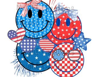 Coquette cara sonriente cuatro de julio png, 4 de julio, 2 caras sonrientes patrióticas png, ¡Archivos PNG digitales con fondo transparente!
