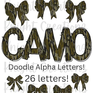 Camo Doodle Letters, Camouflage, Camo Alpha Set, Digital Download, A-Z doodle letters, Alpha Pack, Coquette Camo Bows