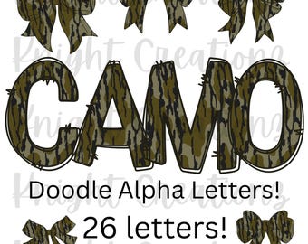 Camo Doodle Alpha Set: A-Z Letters, Coquette Bows (Digital Download)
