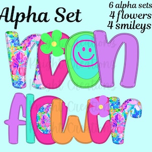May include: Neon flower word art with pink, green, blue, and orange letters. The letters are decorated with floral patterns and smiley faces. The text reads "neon flower".