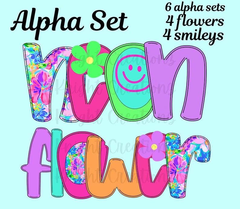 May include: Neon flower word art with pink, green, blue, and orange letters. The letters are decorated with floral patterns and smiley faces. The text reads "neon flower".