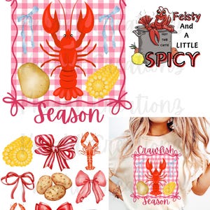 Puede incluir: Una ilustración digital de un cangrejo rojo con un fondo a cuadros rosa y blanco. El texto "Crawfish Season" está escrito en rosa. También hay ilustraciones de mazorcas de maíz, patatas y lazos rojos.