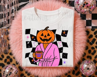 Spooky SZN Pumpkin Head PNG | Retro Halloween Sublimation Design | Pink Robe Coffee Lover Clipart | Fall Digital Download for Shirts