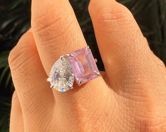 Pierścionek Toi et Moi z 3-karatowym diamentem w kolorze gruszki i różowego szmaragdu, 2-kamienny pierścionek zaręczynowy z moissanitem, pierścionek rocznicowy z kamieniem szlachetnym, pierścionek Toi et Moi z moissanitem