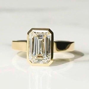 2.50Ct Emerald Cut Moissanite Bezel Set Engagement Ring Solid Gold Chunky Band 3mm Square Band Emerald Cut Solitaire Ring Flat Band Ring