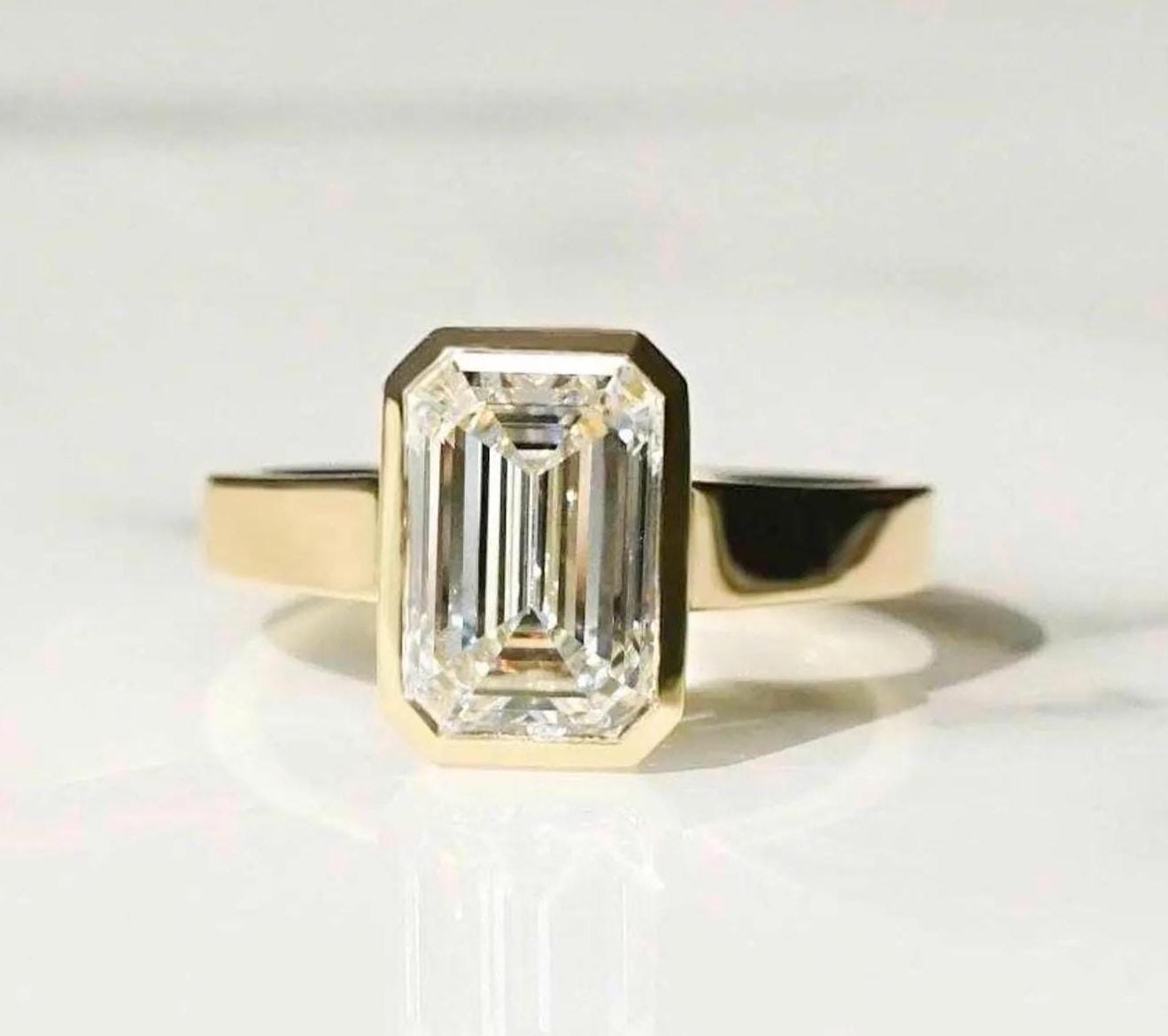 2.50Ct Emerald Cut Moissanite Bezel Set Engagement Ring Solid Gold Chunky Band 3mm Square Band Emerald Cut Solitaire Ring Flat Band Ring