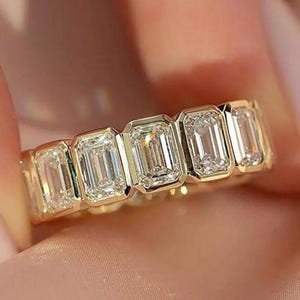 5.5TCW Bezel Set Emerald Cut Moissanite Full Eternity Band Emerald Bezel Eternity Ring 14k Gold Emerald Diamond Ring Wedding Band For Women