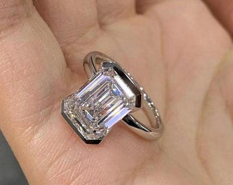 3 Ct Emerald Cut Half Bezel Set Engagement Ring Bezel Emerald Cut Ring Solitaire Ring Wedding Ring 14k White Gold Ring Moissanite Ring