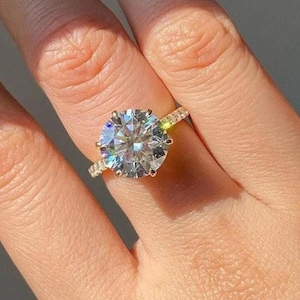 3CT Round Moissanite Wedding Ring Engagement Ring 10k Solid Gold Ring Hidden Halo Ring 3/4 Eternity Ring 6 Prong Ring Cathedral shank Ring