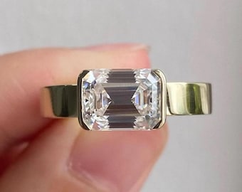 2.0 Ct Emerald Cut Moissanite Half Bezel Engagement Ring Solid Gold Chunky Band 3mm Square Band Emerald Cut Solitaire Ring Flat Band Ring