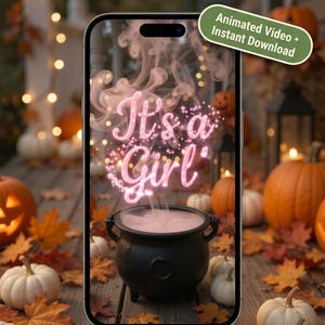 May include: A smartphone screen displays an animated gender reveal video featuring a black cauldron with pink smoke rising to form the glowing pink text It's a Girl. The top text reads A BABY IS BREWING! ANIMATED GENDER REVEAL and the bottom button says WATCH ON ETSY.
