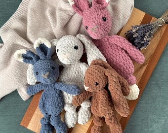 Crochet Bunny Lovey: Plush Baby Snuggler, Woodland Nursery Decor, Baby Shower Gift
