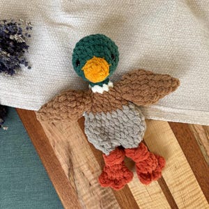 Crochet Mallard Duck Lovey: Plush Baby Snuggler, Farm Nursery Decor, Baby Shower Gift