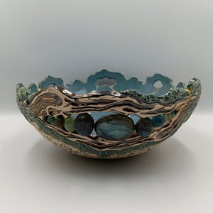 Handmade Ceramic Bowl with Labradorite Stones and Kintsugi Details, Coastal Blue Pottery, Ocean Inspired Sculptural Fruit Bowl