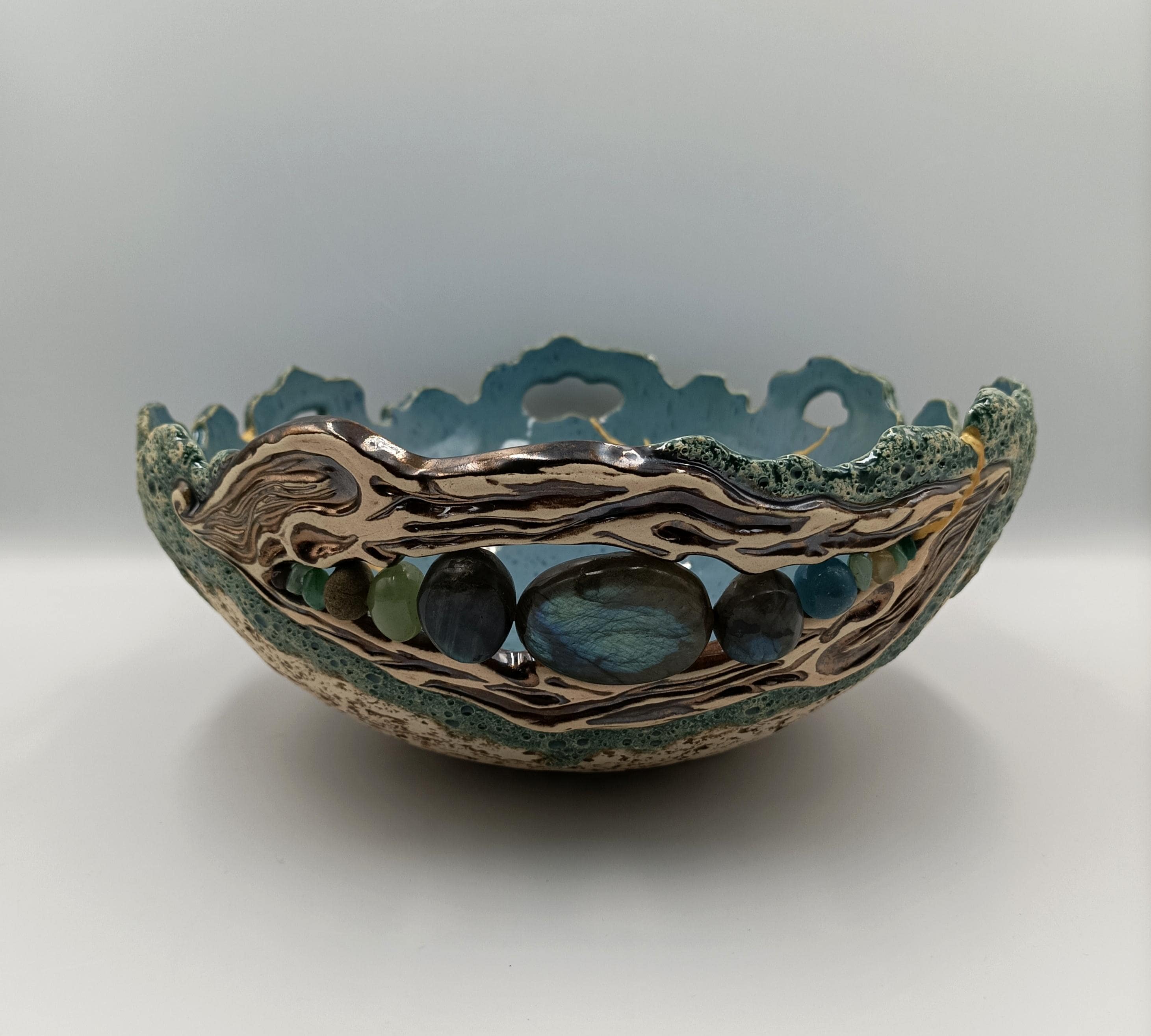 Handmade Ceramic Bowl with Labradorite Stones and Kintsugi Details, Coastal Blue Pottery, Ocean Inspired Sculptural Fruit Bowl