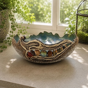 Einzigartige blau-grüne Obstschale, Bio-Keramikkunst, moderne Keramik, Esstisch, große handglasierte Schale, mit Flusssteinen verziert
