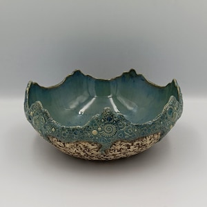Hand Glazed blue Ceramic Bowl: Modern Dining Table Centerpiece,Organic Hand Sculpted Clay Shells Corals,Christmas and New Year Gift,Pottery