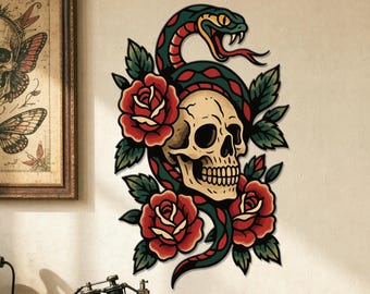 Traditionele tattoo-stijl schedel, slang en roos muurdecoratie, vintage old school tattoo muurdecoratie, gotische bloemen schedel muurhanger