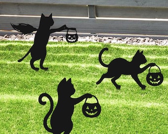 Estaca de jardín de gato negro de Halloween, decoración de metal para jardín de Halloween, gato con linterna de calabaza, decoración de gato negro, estaca de metal para Halloween, silueta de gato