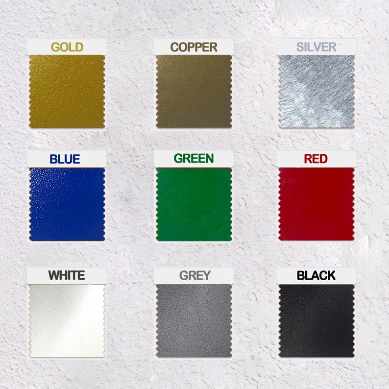May include: Nine colour swatches, each with a different colour name printed above it. The colours are gold, copper, silver, blue, green, red, white, grey, and black.