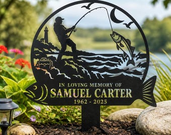 Estaca de jardín metálica personalizada en homenaje a un pescador, marcador conmemorativo personalizado para el jardín con nombre y fechas de nacimiento y fallecimiento, adorno único para el césped del cementerio.