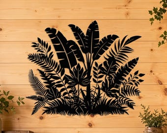 Tropische metalen wanddecoratie met palmbladmotief, wandhanger met junglebladeren voor tropische huisdecoratie, voor plantenliefhebbers, botanisch wandstuk.