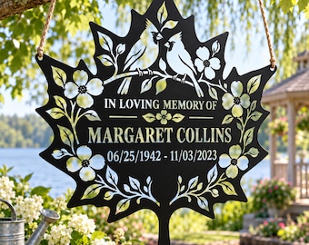 Placa conmemorativa personalizada con forma de hoja de arce, marcador de jardín de metal personalizado con nombre y fechas, adorno para tronco de árbol para tumba, decoración de cementerio