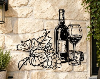 Metalen wanddecoratie met wijnfles, druiven en kaas, wijngaardthema, wanddecoratie voor keuken, bar, terras en huis, wandplaat voor thuisbar