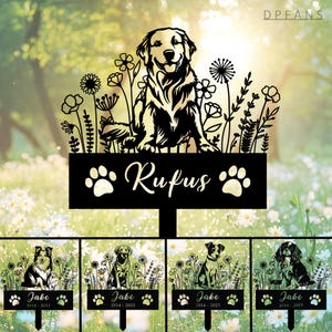 May include: Black silhouette of a golden retriever dog with a paw print and the name "Rufus" on a sign. The dog is surrounded by flowers and greenery. There are four smaller signs below with the name "Jake" and dates.