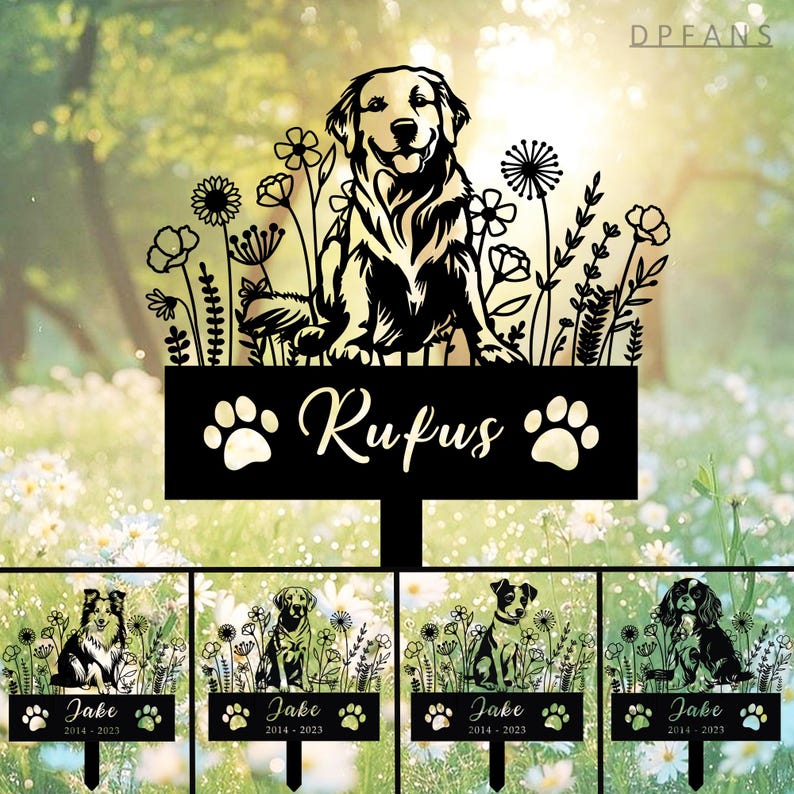 May include: Black silhouette of a golden retriever dog with a paw print and the name "Rufus" on a sign. The dog is surrounded by flowers and greenery. There are four smaller signs below with the name "Jake" and dates.