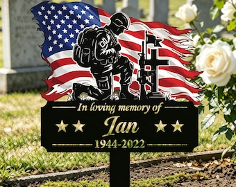 Op maat gemaakte militaire gedenkpaal voor in de tuin, gepersonaliseerde grafsteen voor veteranen met Amerikaanse vlag, gedenkplaat voor gesneuvelde soldaten