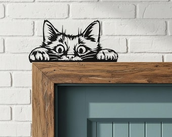 Whimsical Startled Cat Silhouette,Metal Door Frame Topper,"Alert Kitten" Metal Wall Ornament,Playful Frightened Cat DoorArt,Home Entry Decor
