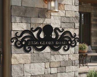 Letrero metálico personalizado con forma de pulpo para la dirección de la casa, placa metálica rústica para la puerta de la casa de campo o cabaña, decoración con forma de pulpo.
