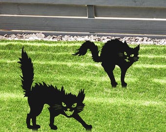 Estaca de jardín con sombra de gato para Halloween, decoración metálica para jardín de Halloween, estaca de gato enojado, letrero de gato espeluznante, decoración de gato negro, estaca metálica para Halloween
