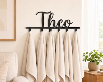 Gepersonaliseerde metalen haakhouder met naam, op maat gemaakte wandhaken, handdoekrek op maat, kapstok voor de hal, wandorganizer voor de kamer, cadeau voor een housewarming
