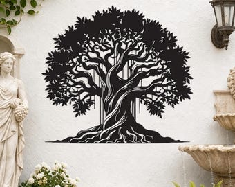 Grote metalen wanddecoratie met de Banyanboom des Levens, rustieke wanddecoratie met boomwortels, natuurthema voor binnen en buiten, voor tuinliefhebbers.