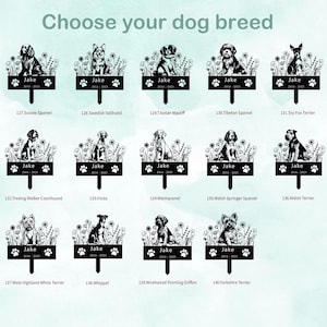 May include: A chart with 10 rows of black and white illustrations of different dog breeds. Each illustration is accompanied by a black and white sign with the text "Jake" and the years "2014-2023". The chart is labelled "Choose your dog breed".