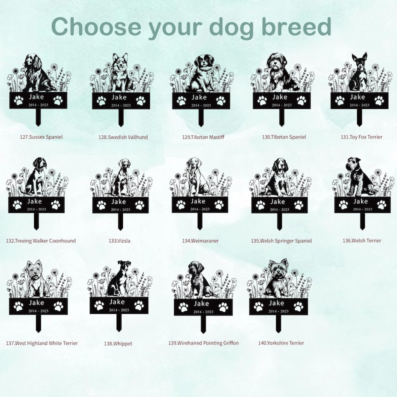 May include: A chart with 10 rows of black and white illustrations of different dog breeds. Each illustration is accompanied by a black and white sign with the text "Jake" and the years "2014-2023". The chart is labelled "Choose your dog breed".