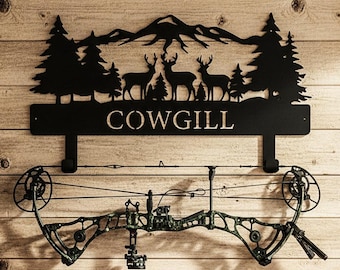 Soporte personalizado para arco de caza, placa rústica para colgar arcos, estante para arcos con temática de ciervos, letrero metálico personalizado para exhibir equipo de tiro con arco en la pared.