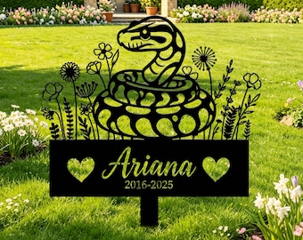 Op maat gemaakte gedenkpaal voor een slang in de tuin, gepersonaliseerd herdenkingsbord voor reptielen met wilde bloemendetails, tuinbord voor huisdieren