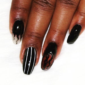 Black Halloween Press-On Nails, Spooky Nail Art with Spider Web and Stripes, Handcrafted Gothic Nail Design, hand painted nails, smoke nails