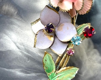 Vintage Enamel  Rhinestone Flower Pin as is