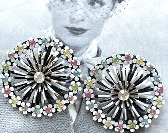 Vintage Rhinestone Flower Earrings as is