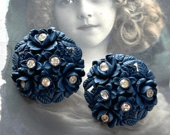 Vintage Carved Celluloid & Rhinestone Flower Clip on Earrings